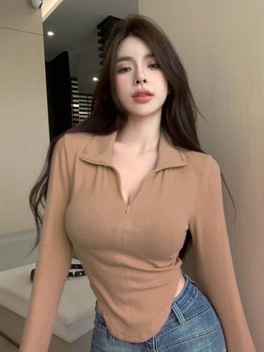 Image of Istyle Can Women's Top Solid Long Sleeve Ribbed Asymmetric Hem Casual T-Shirt with Zipper Collar. Full Sleeve, Rib Knit, Plain, Slim Fit