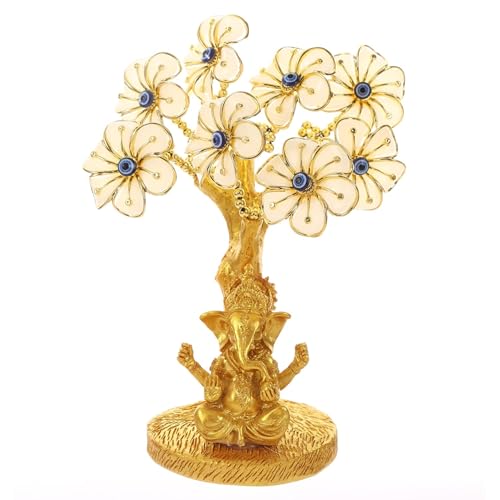 Image of eCraftIndia Tree of Life with Lord Ganesha Idol Showpiece (White, Golden) | Evil Eye Feng Shui Items for Good Luck Positive Energy Vastu Shelf Living Room Home Decoration.
