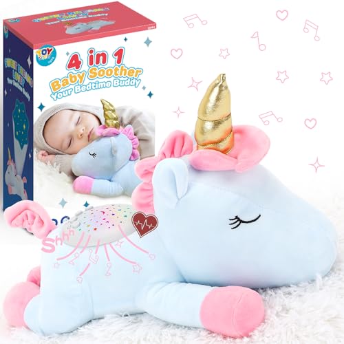 Image of TOY Life Shush Baby Sleep Baby Soothers Newborn Moms Heartbeat Crib Soother Baby White Noise Sound Machine with Calming Light Lullaby Stuffed Animal Unicorn Cry Activated Sleep Soothers Baby Gifts