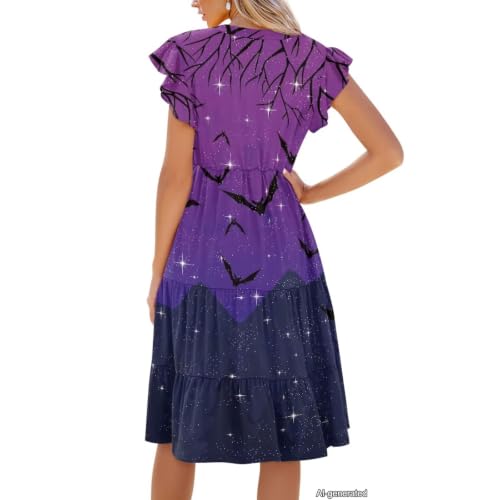 Image of Womens Summer Dress Ruffle Sleeve V Neck Dress Casual Fit Flowy Beach Vacation Sundress with Pocket S-2XL