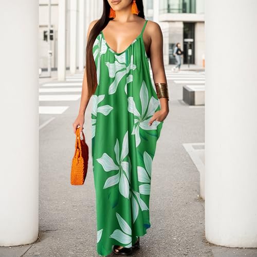 Image of Women's Summer Bohemian Green Floral Maxi Dress Music Festivals with Adjustable Spaghetti Straps Side Pockets -7 Small