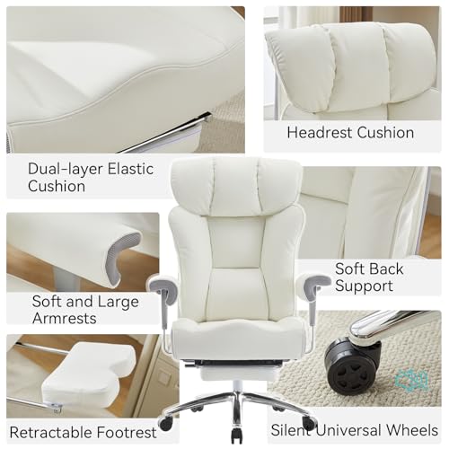 Image of Efomao Big and Tall Office Chair with Footrest, 450lbs High Back Executive Chair with Spring Cushion, PU Leather Upholstery, Padded Armrests, Swivel Base, and Rolling Wheels - White Computer Chair