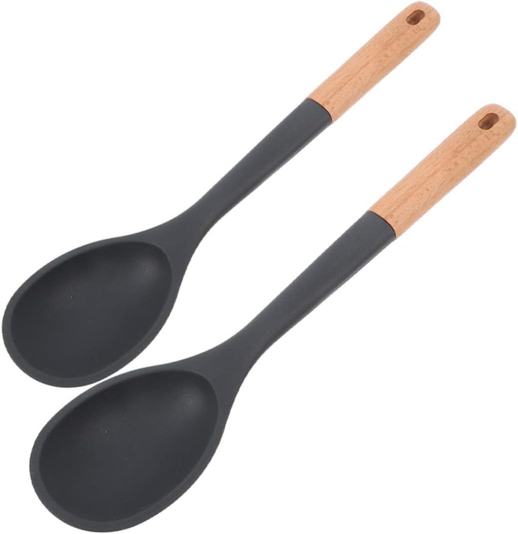 2pcs Large Silicone Cooking Spoon Wooden Handles Nonstick Kitchen Utensils for Mixing Stirring and Serving Home Cooking