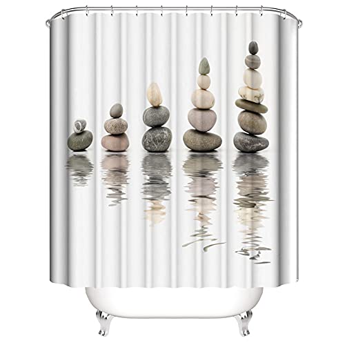 Vgzsyomqib Galet Zen Rideau de Douche 3D Spa Orchidee Rose Bambou Bouddha Anti Moisissure Imperméable Tissu Polyester Galets Gris Rideaux de Douche Baignoire avec 12 Crochet - 180x180 cm Blanc Cover