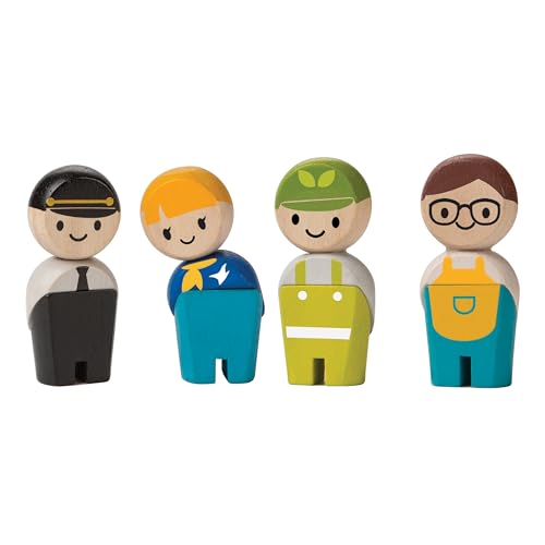 PlanToys Wooden 4 Piece Service Crew (6268) | Sustainably Made from Rubberwood and Non-Toxic Paints and Dyes