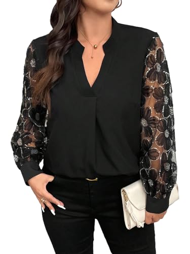 GORGLITTER Bluse Damen Elegant Bluseshirt Große Größen Oberteil Tunika mit Mesh Bishop Ärmel Langarmshirt Hemdshirt Herbst Casualshirt Schwarz 2XL GORGLITTER Bluse Damen Elegant Bluseshirt Große Größen Oberteil Tunika mit Mesh Bishop Ärmel Langarmshirt Hemdshirt Herbst Casualshirt Schwarz 2XL
