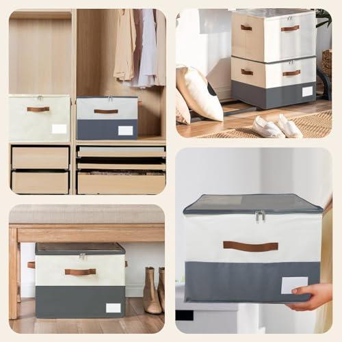 2PCS Shoe Storage Organizer for Closet Fits 16 Pairs, Large Foldable Shoe Storage Boxes Bins, Fabric Shoe Box Storage Containers with Clear Cover, Adjustable Dividers, 3 Handles for Shoes (Gray,Beige)