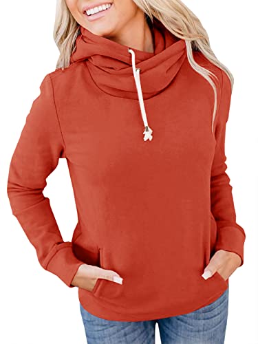 Women's Cowl Neck Hoodie Thermal Hooded Sweatshirts Loose Fit Fall Tops With Pockets Orange #TOP13