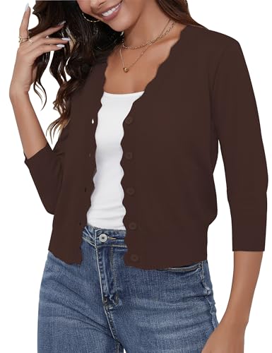 Image of Women's Cropped Cardigans 3 /4 Sleeve Button Down Lightweight Cardigan Sweaters Scalloped Edged Bolero Shrugs
