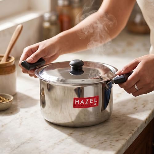 Image of HAZEL Stainless Steel Casserole with Lid, 3 Litre, 19.3 cm | Flat Bottom Patila, Cool Touch Handles, Milk Tope for Induction Cooktop & Gas, Steel Bhagona