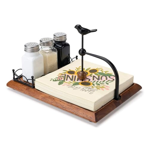 Elegant Flat Wooden Napkin Holder, Multifunctional Farmhouse Black Napkin Holder for Table, Kitchen, Outdoor Use, Includes Space for Salt and Pepper Shakers(Seasoning Jar Not Included)
