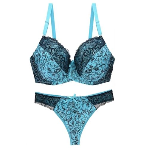 WUFANGBU Sujetador De Mujer 2 Unids/Set Conjunto De Bragas De Sujetador De Mujer Decoración De Lazo De Encaje Push Up Calzoncillos De Cintura Baja Conjunto De Ropa Interior De Señora M Azul