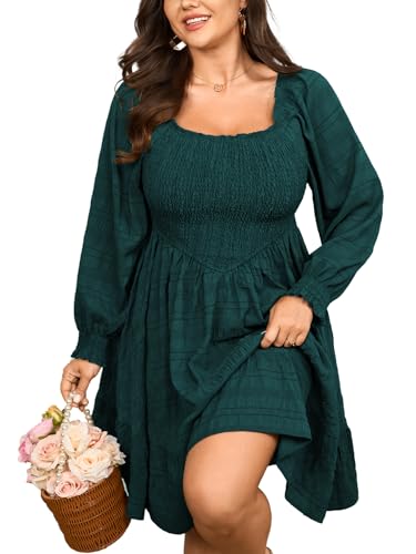 Womens Plus Size Dress Fall Casual Puff Long Sleeve Square Neck Empire Waist Tiered A-line Mini Short Dress