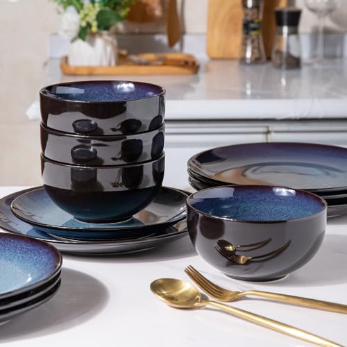 Image of LERATIO Ceramic Dinnerware Sets for 4,Stoneware Coupe Plates and Bowls Sets,Highly Chip and Crack Resistant | Dishwasher & Microwave & Oven Safe Dishes set,Reactive Glaze Dinnerware- Service for 4