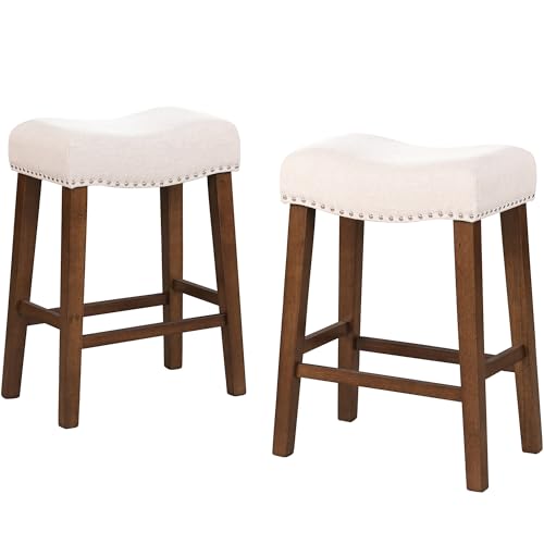 Larksperal Taburetes de bar de 26 pulgadas de altura de mostrador, modernos taburetes de cocina sin respaldo con reposapiés, patas de madera maciza y cojín de tela de lino con ribete de clavos, beige,
