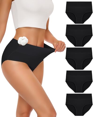 SIMIYA 5 Pack Women's Knickers, High Waisted Ladies Cotton Knickers Comfy Stretchy Full Briefs Women Multipack Slight Tummy Control Pants XL Black