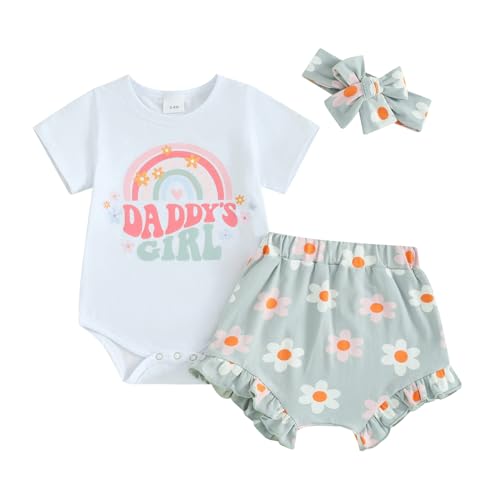 Image of DNOMAID YZARC Newborn Baby Girl Clothes Mama's Girl Short Sleeve Romper Flower Ruffle Shorts Headband Set 3Pcs Summer Outfits