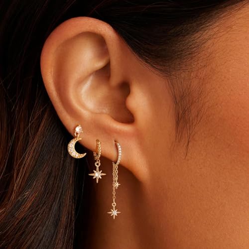 GWH 3 Pairs Earrings for Women - Trendy 18K Gold Plated Moon Star Hoop Stackable Cubic Zirconia Chain Dangle Earring Set Stacks for Multiple Piercings Jewelry Gift for Women Sensitive Ears Non Tarnish — view 4