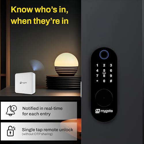 Image of Mygate Smart Lock Edge with Wifi Gateway | Digital Rim Lock for Wooden & Metal Doors | 20-65mm Thickness| 6-in-1 Unlock - Fingerprint, PIN, RFID, App, OTP & Key | Remote Unlock | 2-Year Brand Warranty