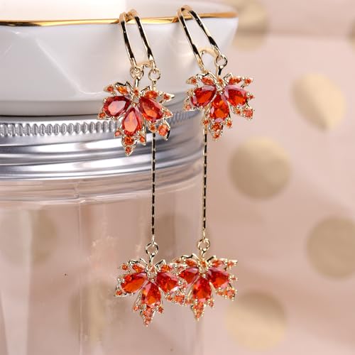 Sonateomber Gold Open Hoop Flower Fall Maple Leaf Drop Dangle Earrings for Women – Elegant Sparkly Crystal Cubic Zirconia Rhinestone Earring Dangling Prom Party Holiday Jewelry Gift3