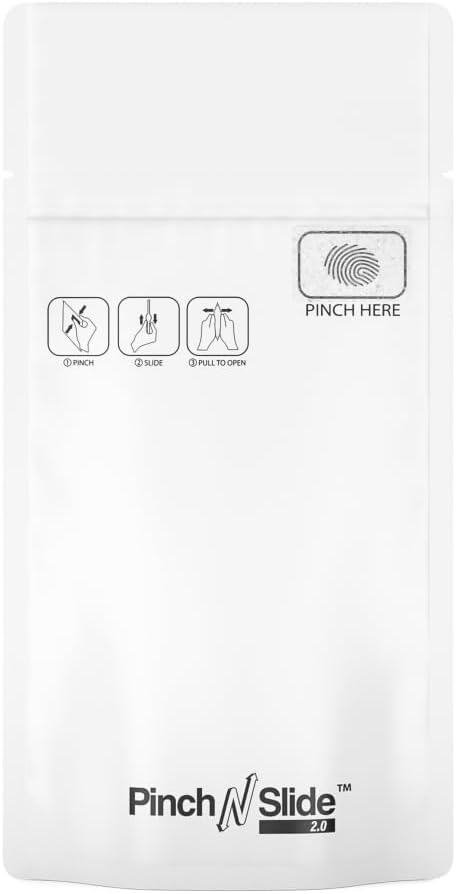250 Pcs - 3.6 Inch x 5.7 Inch Pinch N Slide 3.0 PCR Smell Proof Mylar Bags – Child Resistant & Tamper Evident - 1/8th Ounce (3.5 Grams) (Matte White)