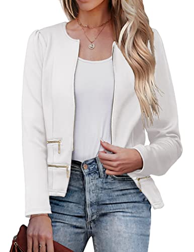Zeagoo Womens Blazer Cropped Open Front Zipper Dress Jacket O Neck Casual Office Suit Jacket White