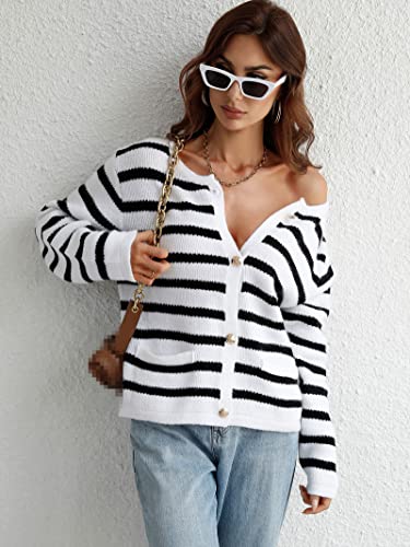 Frulp Women's Cardigan, Loose Round Neck Stripe Sweater Solid Color Button Knitwear, Long Sleeve Tops, Soft Comfy Autumn Winter Warm Commuting Clothes,S, White #TOP4
