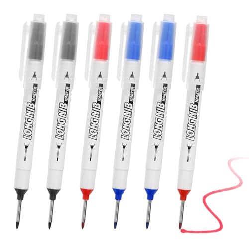 SICAILU 6 Pcs Waterproof Deep Reach Markers, Deep Hole Marker Pens with 50mm Ruler, Permanent Marker Pens for Carpenters Building Workers and Construction (Black Blue Red)