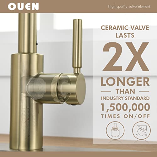 Ouen Brushed Gold Bar Faucet With Pull Down Sprayer For Single Sink,Bar Brass Faucet One Hole For Rv Campers Sink Small Faucet With Cupc Supply Hose #TOP4