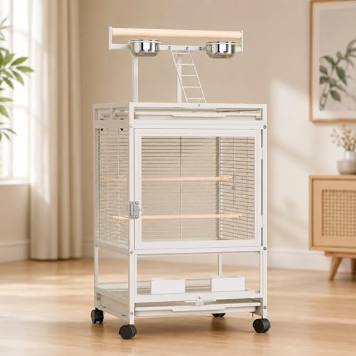 JISADER Vogelkäfig für Wellensittiche, es Design mit Rollen und Ablage, 46×48.5cm, transparentes Metall in Plweiß, Single- Layer Pulley Model + Top Rack-3