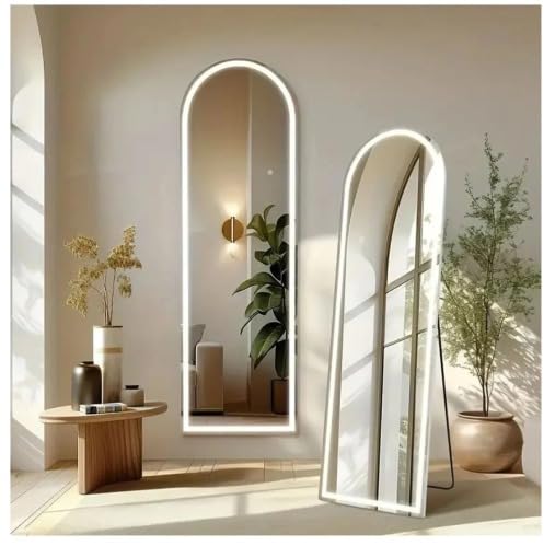 Image of HD Glass LED Mirror Full Length with Stand, 18 inchx60 inch Full Body Wall Mirror with LED Lights 3 Color Lighting, Hanging or Leaning, Floor Standing, Modern Simple Home Wall Decor