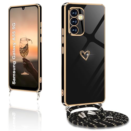 XCYYOO Capa para Samsung Galaxy A55 5G com cordão, capa para Samsung A55 corda pendente ajustável colar carcaça correia anti-impactos TPU suave silicone capa para Samsung Galaxy A55 (preto)