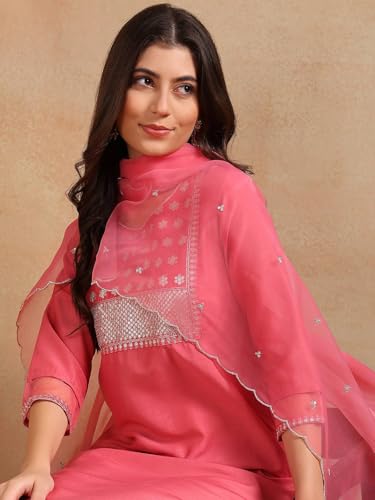 Image of Vaamsi Women's Silk Blend Sequins Yoke Design Straight Kurta Pant With Dupatta