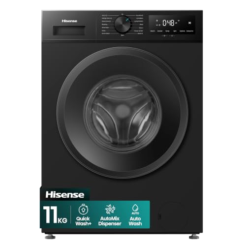Hisense WF1I1142BBL 11kg Washing Machine 1400rpm A Rated Energy Efficiency Steam Hygiene Function Inverter Motor 15 Programmes Freestanding Black