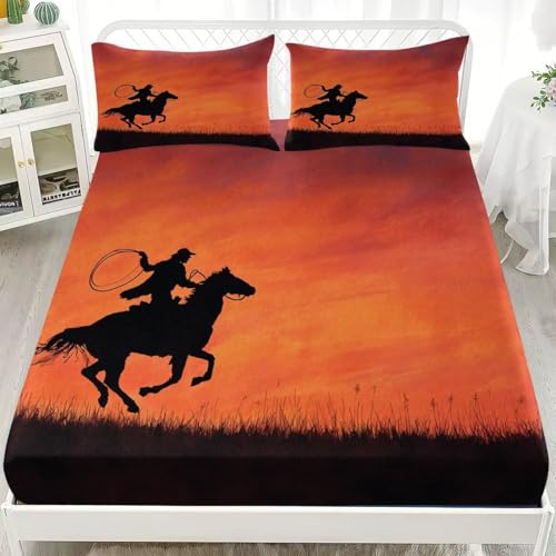 Juego de Ropa de Cama para Niños y Adolescentes 150x190 cm Silueta De Vaquero Microfibra Sábana Bajera Bolsillo Profundo 30 cm Naranja Rojo Individual Respirable Antiarrugas Funda de Colchón Sábana