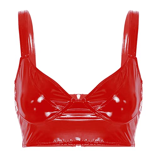 Hularka Women's PVC Shiny Leather V-Neck Vest Crop Top Wide Shoulder Straps Party Clubwear Rave Tops Red Large