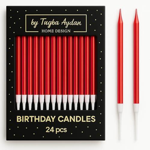 by Tugba Aydan 24 Pack Red Long Thin Birthday Cake Candles Metallic Candle for Birthday Party