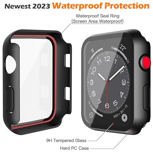 Image of Misxi [2 Pack] Waterproof Case with Button Designed for Apple Watch Series 3 Series 2 38mm, Anti-Fall Hard PC Cover with Tempered Glass Screen Protector for iWatch S3 /S2, Matte Black