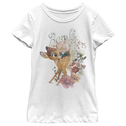 Girl's Bambi Playing in Flower Fields T-Shirt - White - Small