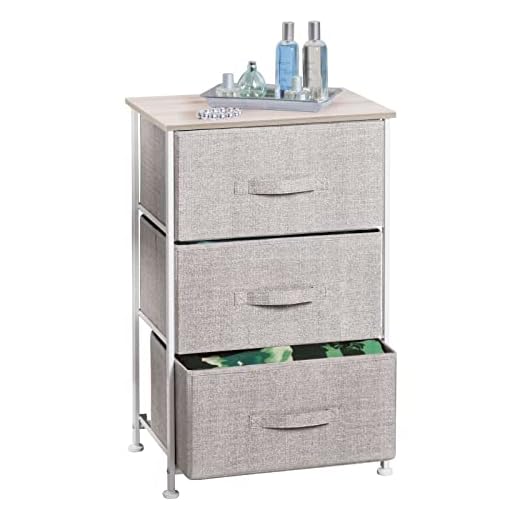 mDesign Steel Top and Frame Storage Dresser Tower Unit with 3 Removable Fabric Drawers for Bedroom, Living Room, or Bathroom - Holds Clothes, Accessories, Lido Collection - Linen/Tan