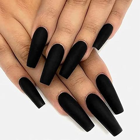 Florry Coffin Extra Long Fake Nails Ballerina Press on Nails Matte Acrylic Nails for Women and Girls 24Pcs (Black) Cover