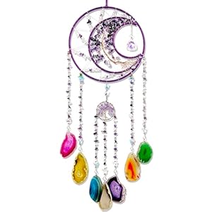 Agate Gem Large Dream Catchers, 7 Chakra Tree of Life Dream Catchers Wall Decor, Natural Agate Slice Crystal Wind Chime for Home Garden Suncatchers Decor, Adults Boys Girls Bless Gifts (Purple Moon)