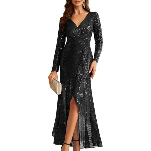 COOAN Damen Lange Pailletten Formelle Kleider Langarm Cocktail Hochzeit Gäste Kleider Elegant V-Ausschnitt Partykleider, Schwarz, T36, Groß