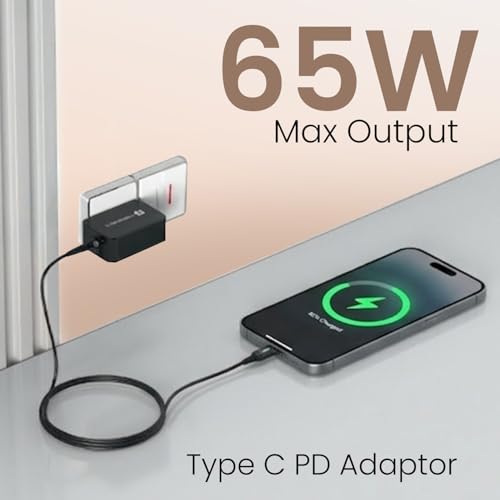 Image of Portronics 65W Zion 65 PD Fast Charging Laptop Adaptor with in Built Type C Cable, PPS Technology, 1.5m Cable Length, Compatible with Laptops, Smartphones, Tablets, MacBooks, iPads (Black)