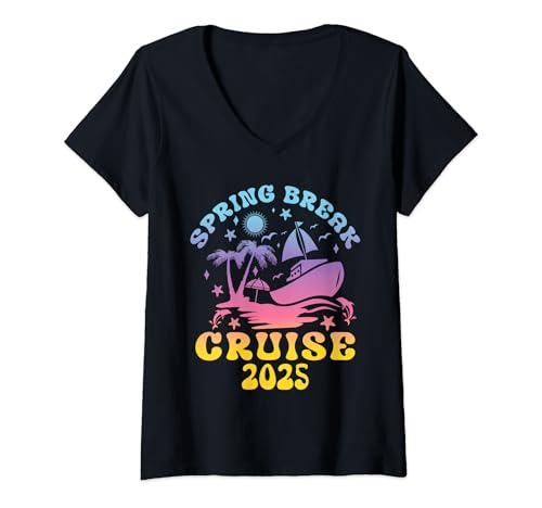 Donna Spring Break Cruise 2025 Family Trip Vacation Matching Retro Maglietta con Collo a V