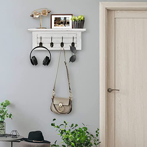 Wall Coat Hooks With Shelf, Wall Mounted Coat Rack With Shelf, Coat Hangers For Wall With 4 Double Hooks, Wood Coat Rack Wall Mounted, Wall Coat Hooks Board For Living Room, Bedroom, White #TOP3