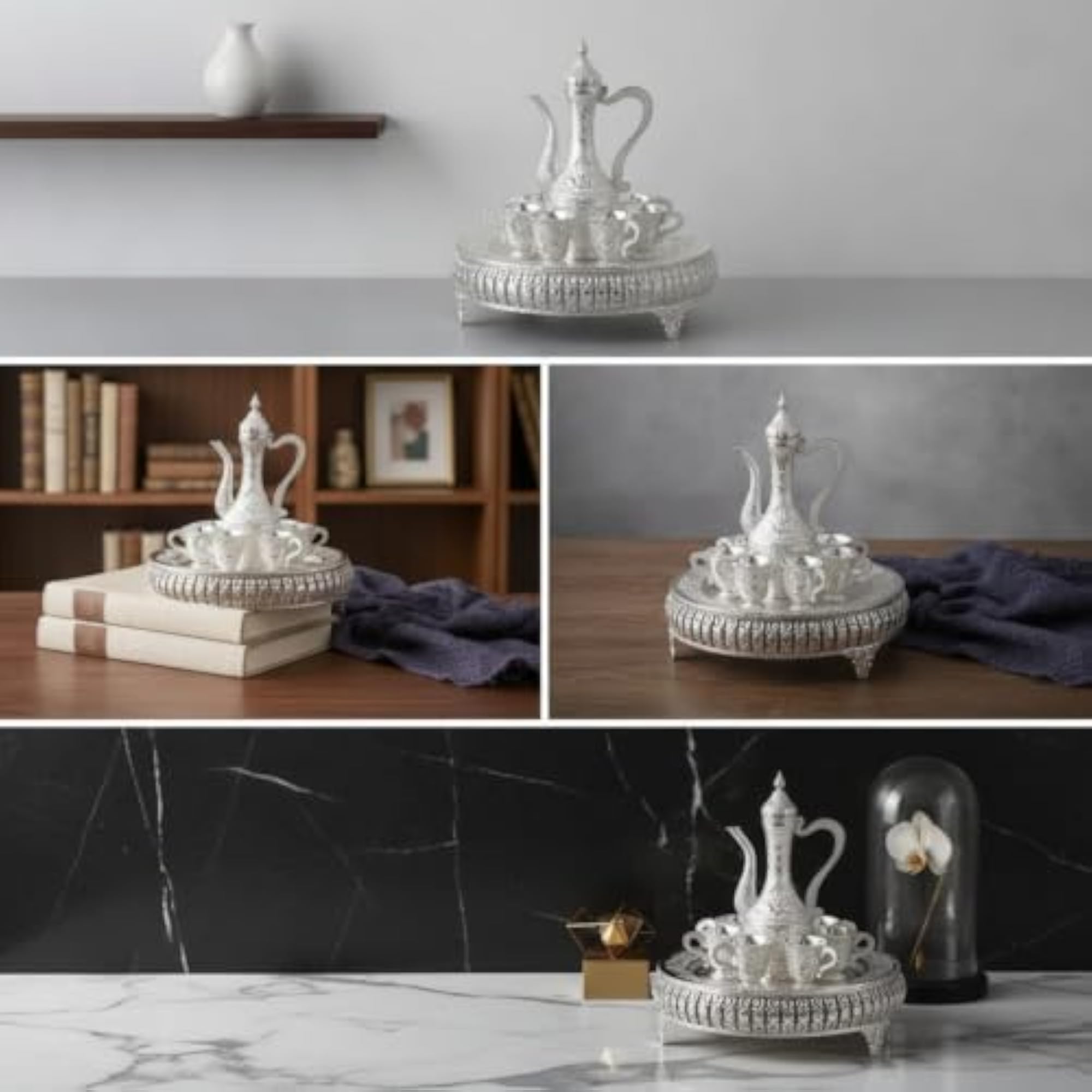 Ornate Tea Service with Tray, Metallic-Finish