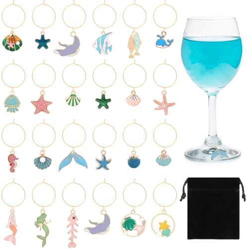 SANNIX 24pcs Wine Glass Charms, Ocean Wine Glasses Charm for Stem Glasses, Wine Glass Markers Charm for Party Decorations