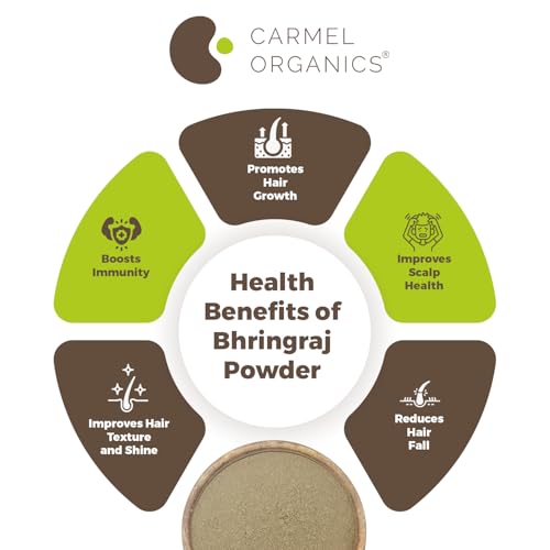 Image of CARMEL ORGANICS Bhringraj Powder 227 Grams for Hair Care for Hair Growth, Scalp Health & Dandruff Control | Natural | No Added Preservatives and Additives| Karisalankanni