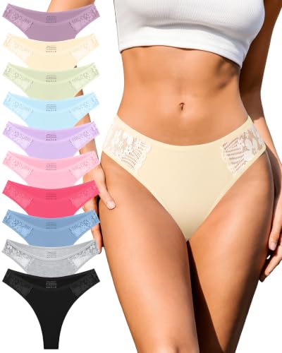 neikuxia Lace Thongs for Women Cotton Sexy No Show Low Rise T Back Underwear Breathable Soft Stretchy Ladies Panties Pack S